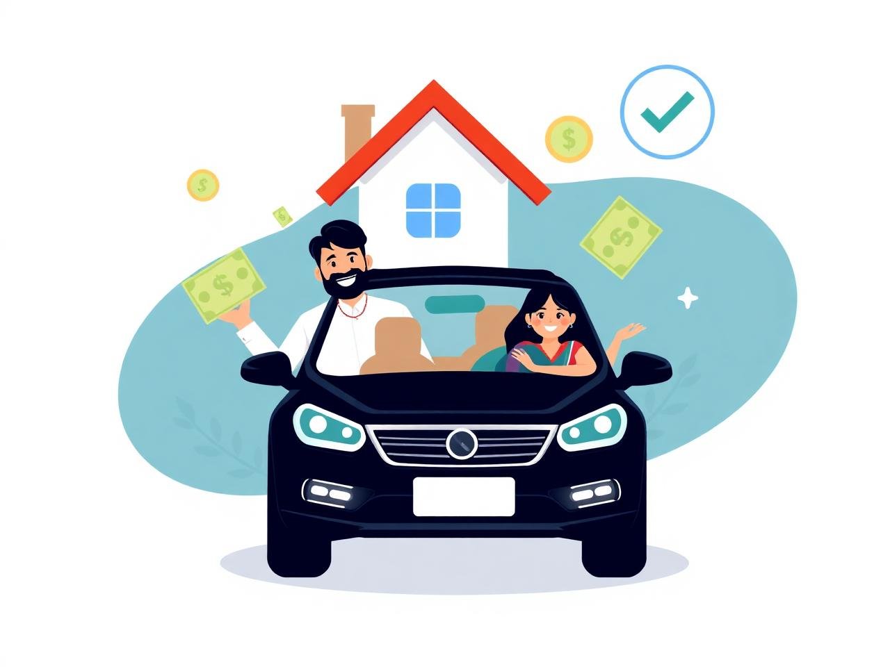 Family with home, car and approved loan illustration